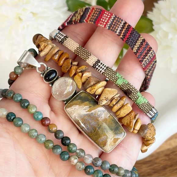 Onyx Golden Rutile Quartz Ocean Jasper Pendant Necklace Jewelry Set Lot New 925 - Picture 2 of 8